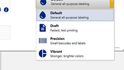 Brady Workstation software showing a selection list with different printing methods like Draft, Precision, and Vibrant.