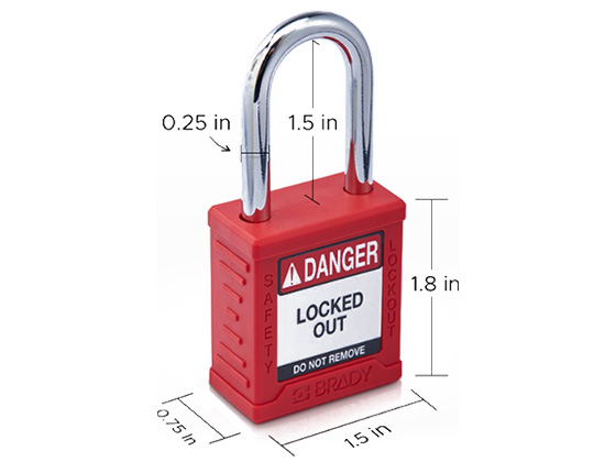 A red nylon padlock with dimensions. The dimensions vary based on the specifications you choose for your product.