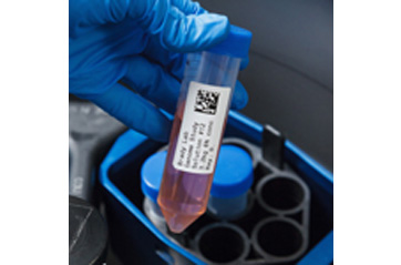 A clear laboratory vial containing a pink substance with a securely attached label containing essential information.