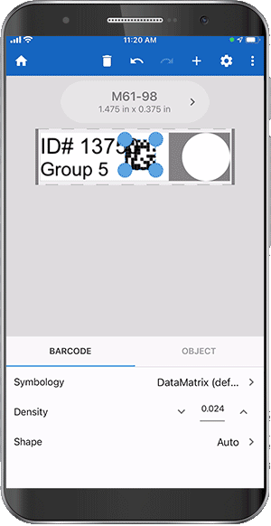 Animated gif showing the addition of a QR code to a vial label using the app.
