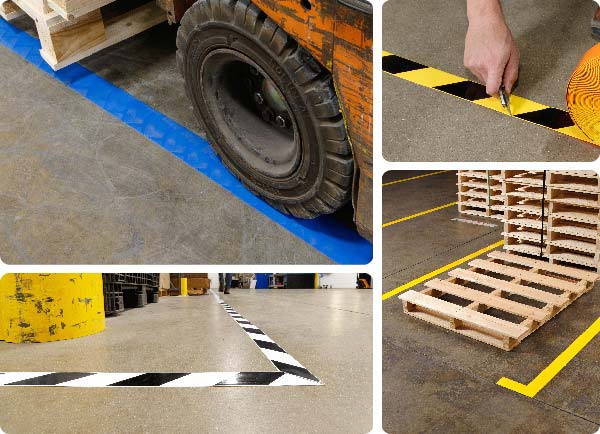 A collage of images featuring ToughStripe Max floor tape. Upper left: large forklift wheels are passing over blue tape on a warehouse floor. There is some dust from the wheels, but the tape is undamaged. Upper right: a person cutting the end of a line of tape with a utility knife. Lower left: black and white striped tape is sectioning off an area in a warehouse. Lower right: yellow tape marks the edges where pallets of materials should be placed.