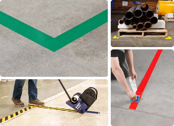 A collage of images featuring ToughStripe original floor tape. Upper left: green tape marking the corner of a sectioned area. Upper right: yellow corner markers indicate where a pallet of pipes should be placed. Lower left: a person using a simple tape application device to quickly apply tape while walking upright. Lower right: a person applying tape by hand using a squeegee.