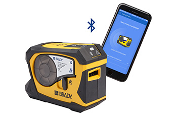 A Brady label printer connecting to a smartphone via Bluetooth