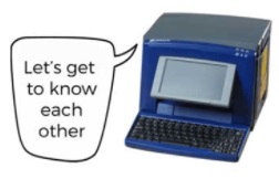 Printer with a speech bubble that says "Let's get to know each other"