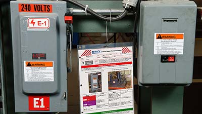 Breaker boxes with lockout devices attached to them.