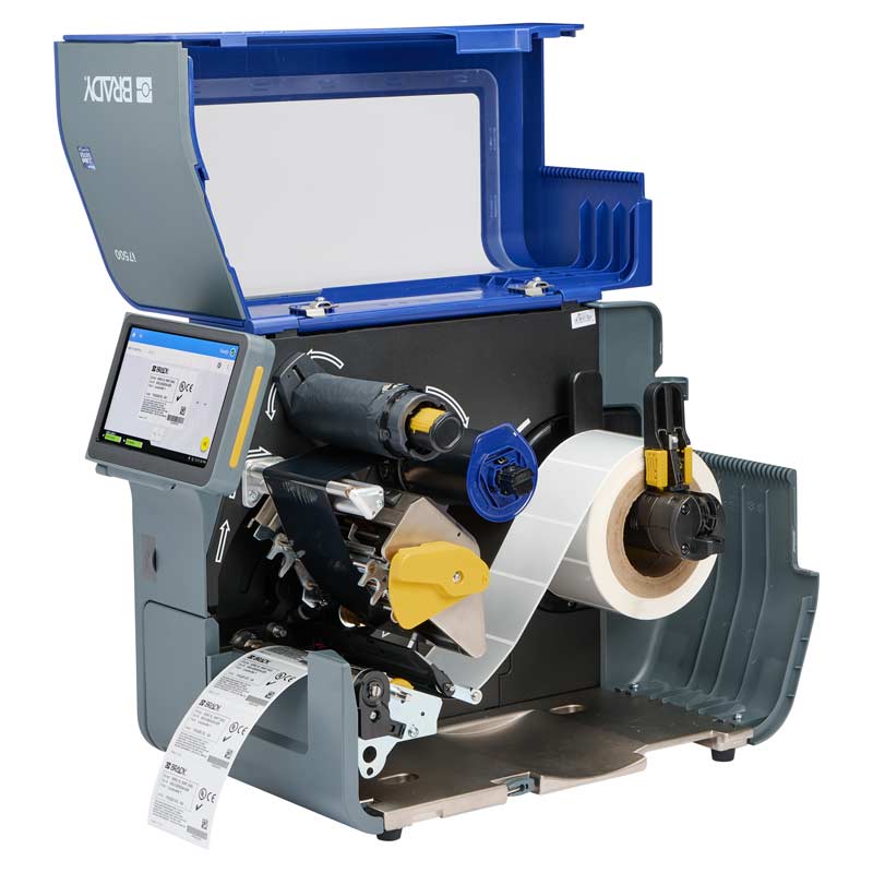 The i7500 Brady printer. The hatch is open, showing the components inside.