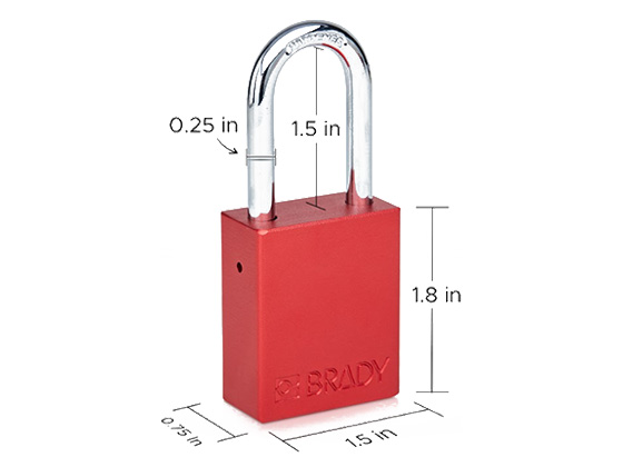 A red aluminum padlock with dimensions. The dimensions vary based on the specifications you choose for your product.