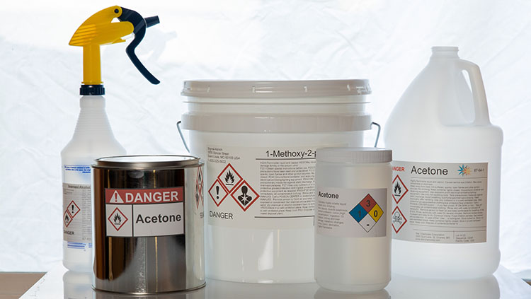 Five different secondary container examples are shown with each of them displaying GHS labels.