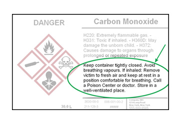 A diagram of a GHS label with precautionary statements highlighted.