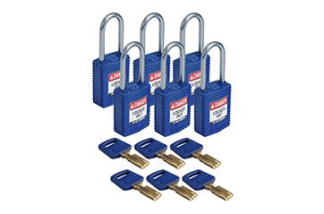 Six blue nylon padlocks with their own blue keys