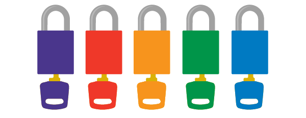 Five different colored padlocks, each with its own corresponding colored key