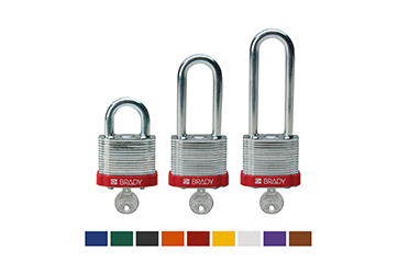 Three steel padlock models with a range of color options below