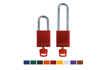 Two aluminum Safekey padlocks with a range of color options below
