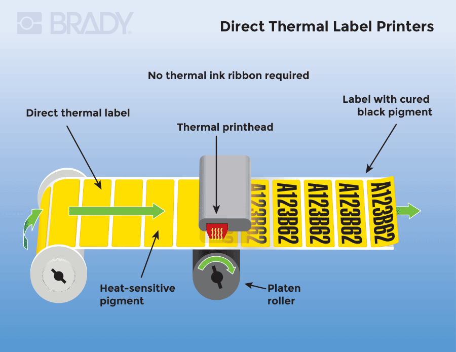 Schematic showing parts and functionality of a direct thermal label printer.