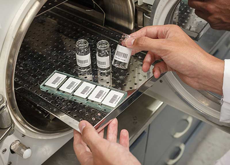 A lab technician using laboratory labels created to withstand an autoclave environment.