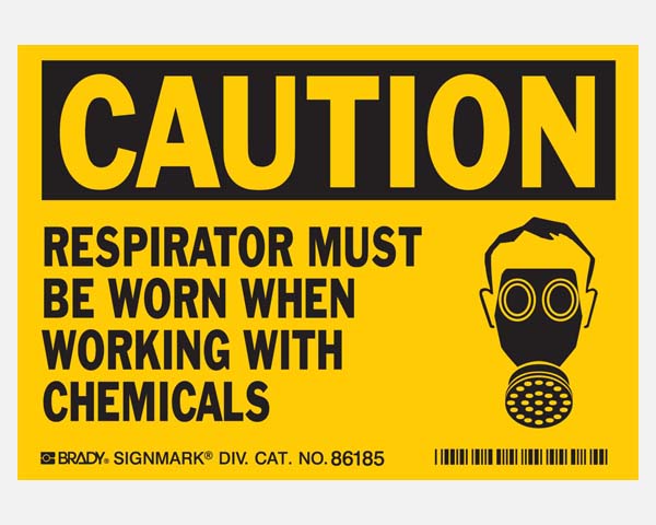 A yellow Caution safety sign that says 'Caution - Respirator Must Be Worn When Working With Chemicals.'