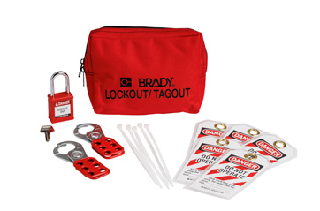 A lockout tagout kit that includes padlocks, keys, hasps, zip ties, tags, and a carrying case.
