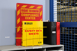 An SDS binder with a sign in the background that reads 'Right to Know Compliance Center'.