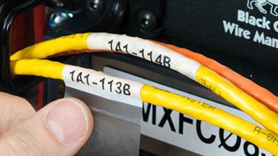 A hand attaching a self-laminating datacom wire label in a server rack.