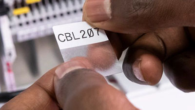 A technician about to apply a Brady self-laminating vinyl labe with aggressive adhesive to a wire or cable. Text is printed clearly on the white label section and their is a transparent section that will wrap and cover the text when it is applied.