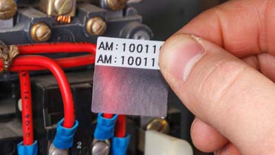 A technician holding a self-laminating vinyl, wrap-around label in front of some electrical components. The label is white with black text and has a clear section that wraps around the label when applied to protect it