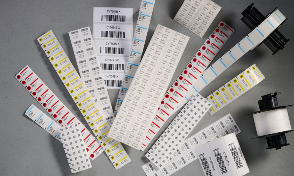 A collage of B33 series lab labels, covering a wide range of applications.