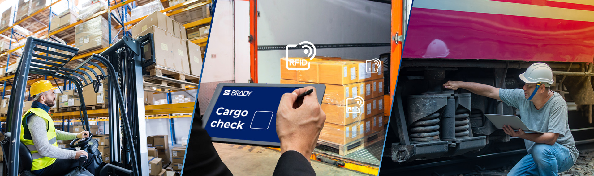 A three-image collage of RFID being used in different applications: In a warehouse, inside a semi truck, and beneath a piece of heavy machinery.